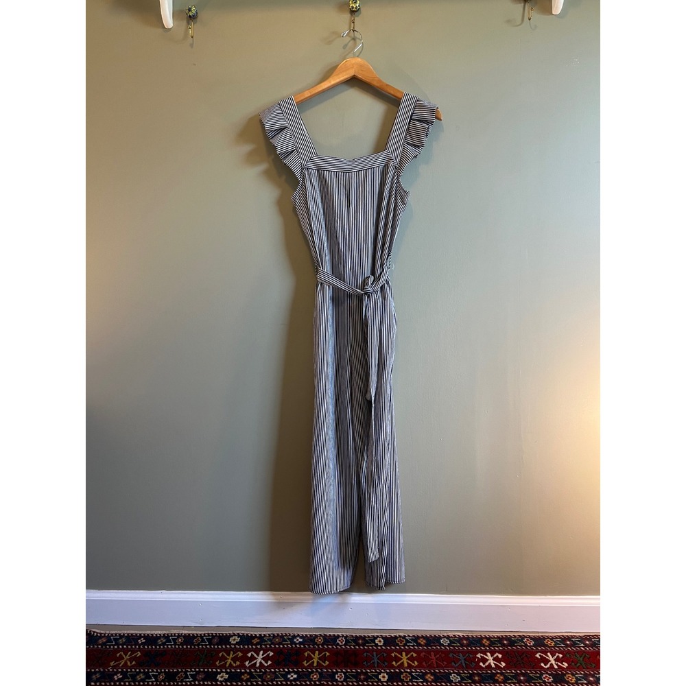 Monteau Los Angeles Striped Ruffle Sleeve Wide Leg Jumpsuit Navy White XS NEW - Picture 1 of 4